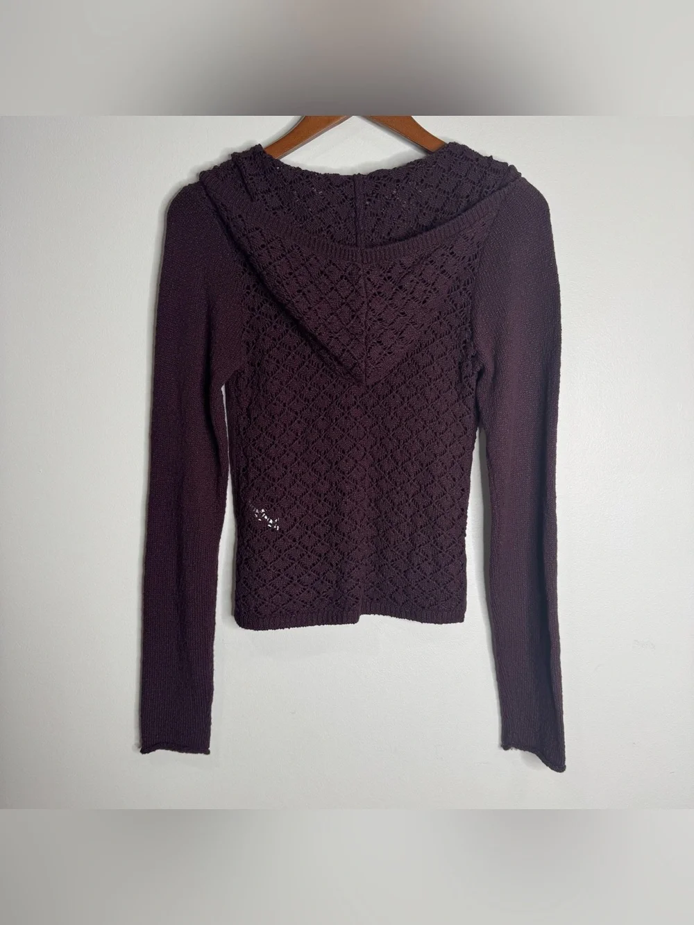 Free People Crochet Hooded Henley Sweater Plum Purple Cotton Blend Beach Small